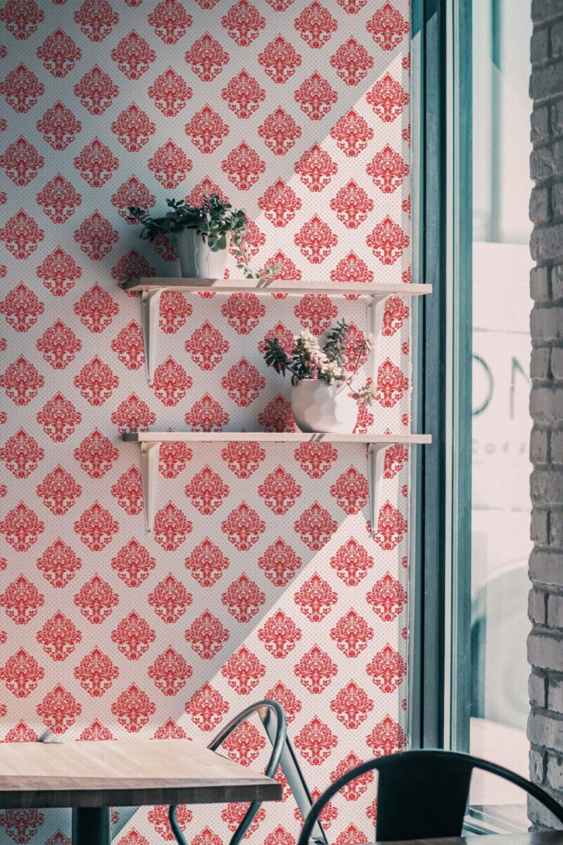 Industrial style cafe decorated with Red damask peel and stick wallpaper
