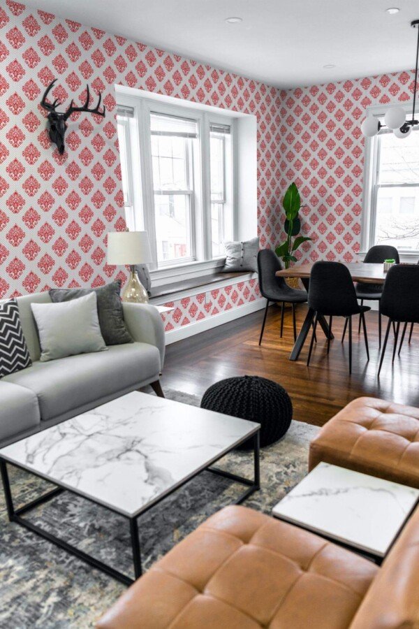 Mid-century modern scandinavian style living dining room decorated with Red damask peel and stick wallpaper
