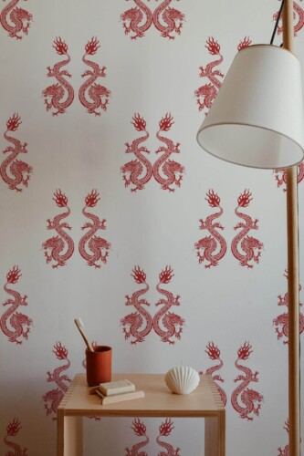 Minimal style bathroom decorated with Red dragon peel and stick wallpaper