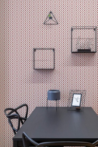 Industrial modern style dining room decorated with Red geometric diamond peel and stick wallpaper