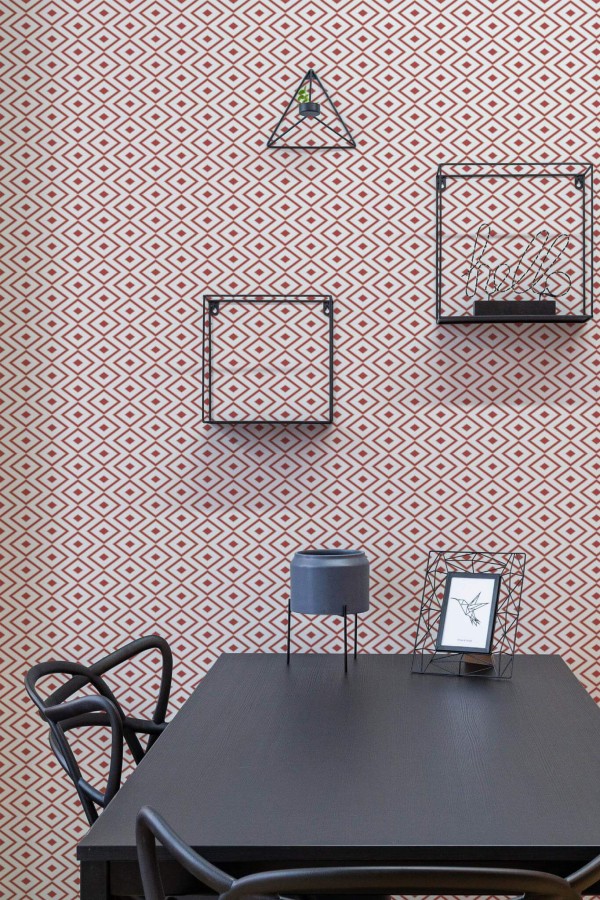 Industrial modern style dining room decorated with Red geometric diamond peel and stick wallpaper