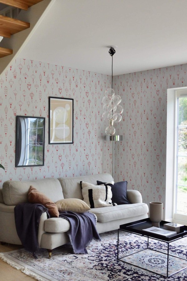 Contemporary style living room and kitchendecorated with Red lantern peel and stick wallpaper