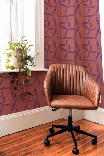 Mid-century modern style living room decorated with Red Lines peel and stick wallpaper