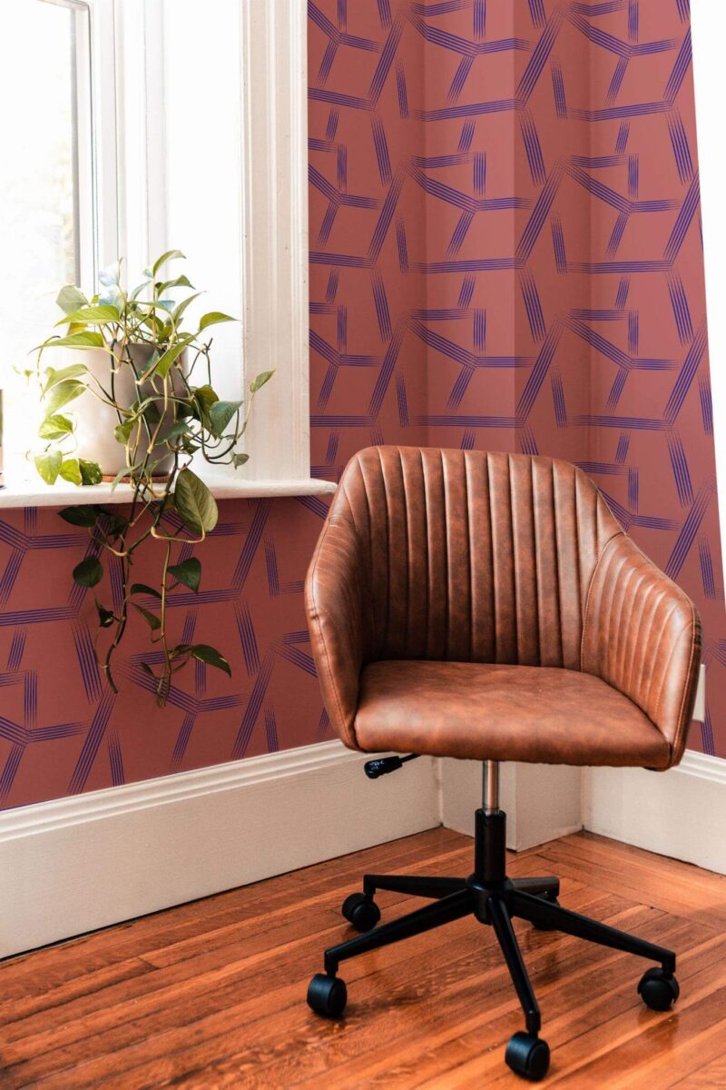 Mid-century modern style living room decorated with Red Lines peel and stick wallpaper