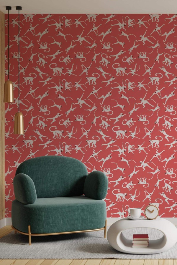 Contemporary style living room decorated with Red monkey peel and stick wallpaper