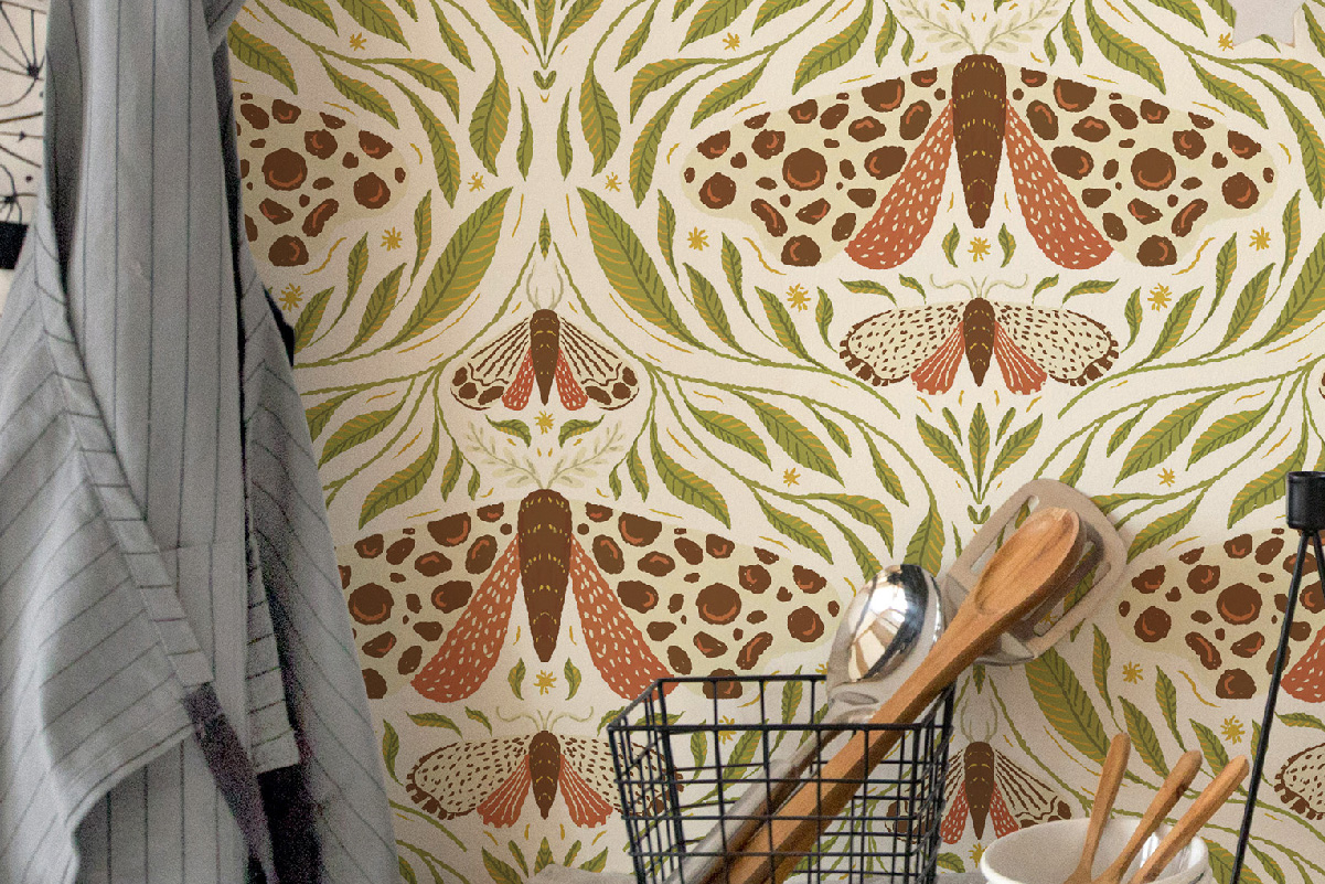 Botanical kitchen corner with hand-drawn moth wallpaper in warm tones of red, brown, and green – nature-inspired self-adhesive wall covering.