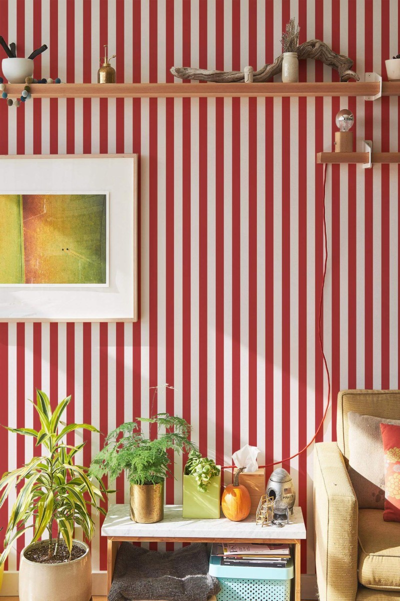 Red and white striped peel and stick wallpaper in a cozy living room with houseplants and modern wooden decor