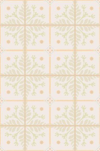 Close-up of Relaxing Spa Tiles wallpaper showing detailed floral tile motifs in soft peach and green on a beige background. The nature-inspired pattern evokes calm and symmetry, making it ideal for use in bathrooms, kitchens, or quiet spa lounges.