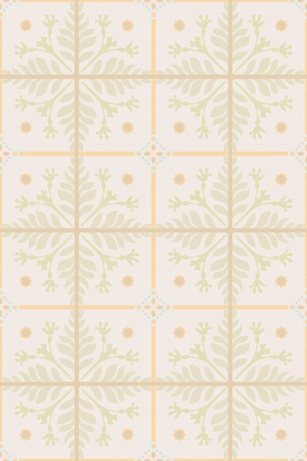 Close-up of Relaxing Spa Tiles wallpaper showing detailed floral tile motifs in soft peach and green on a beige background. The nature-inspired pattern evokes calm and symmetry, making it ideal for use in bathrooms, kitchens, or quiet spa lounges.