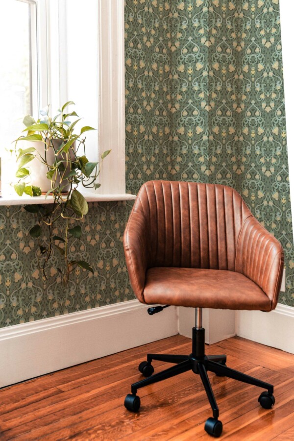 Fancy Walls peel and stick wallpaper with Sage Green Art Nouveau Pattern