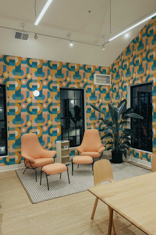 Fancy Walls peel and stick wallpaper with colorful Bauhaus geometric design