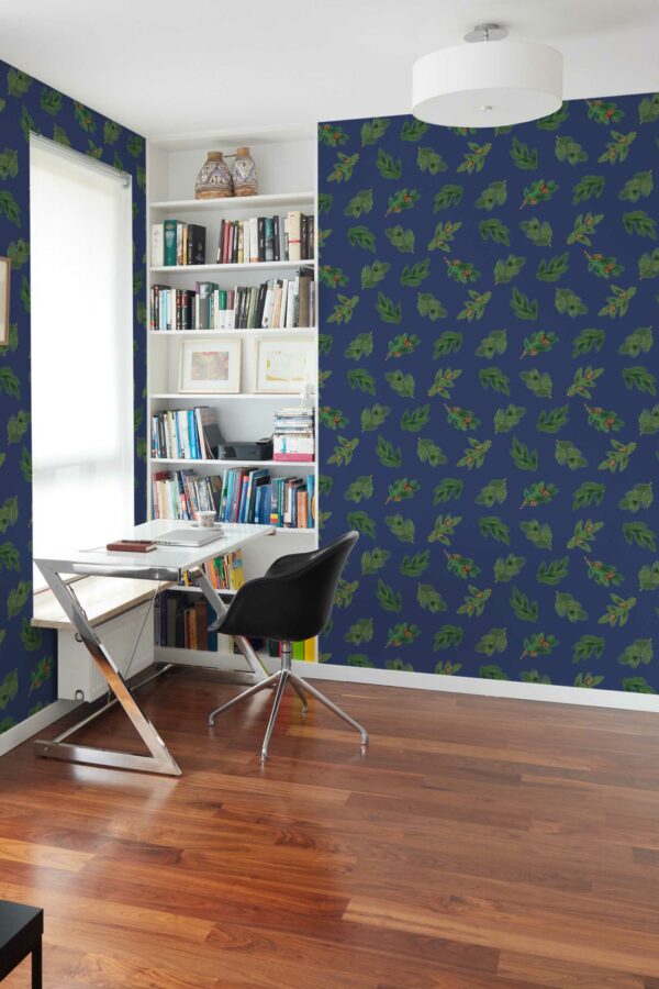 Fancy Walls peel and stick wallpaper with blue Christmas pines