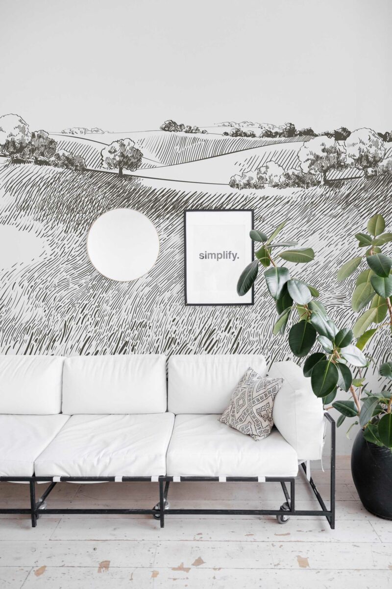 Serene Field Wall Mural with brown and white toile landscape design, ideal for living rooms or calm accent walls.