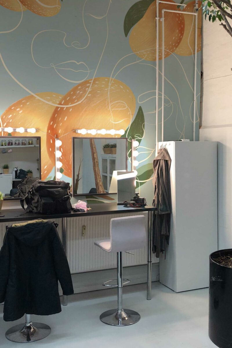 Peachy peel and stick or non-pasted wall mural. Fancy Walls removable self-adhesive or traditional retro tropical line art eco-friendly and PVC-free beauty salon wall mural.