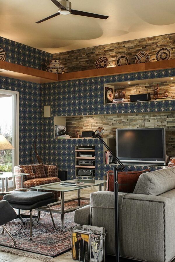 Traditional wallpaper with a blue Christmas birdie twist from Fancy Walls