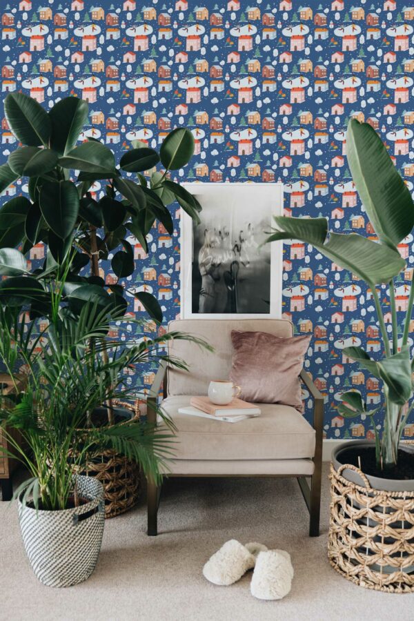 Removable wallpaper featuring blue winter houses from Fancy Walls