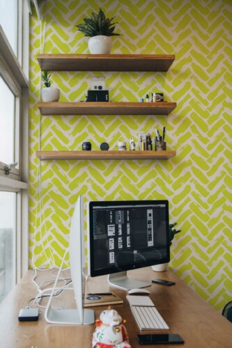 Fancy Walls peel and stick wallpaper featuring Chartreuse brush herringbone