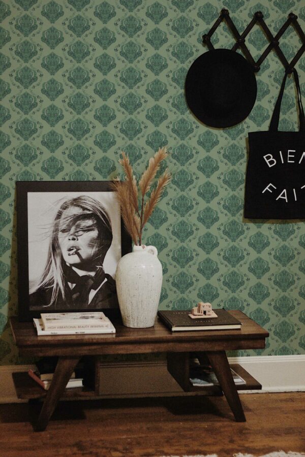 Self-adhesive wallpaper featuring Fancy Walls Sage Damask