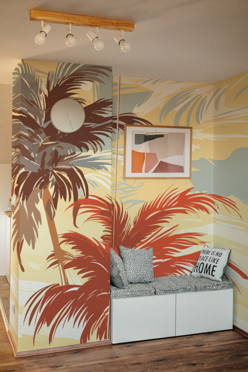 Abstract Beach Palms Wall Mural with palm silhouettes in orange and yellow on a bright abstract background, ideal for accent walls, living rooms, or coastal-inspired spaces.