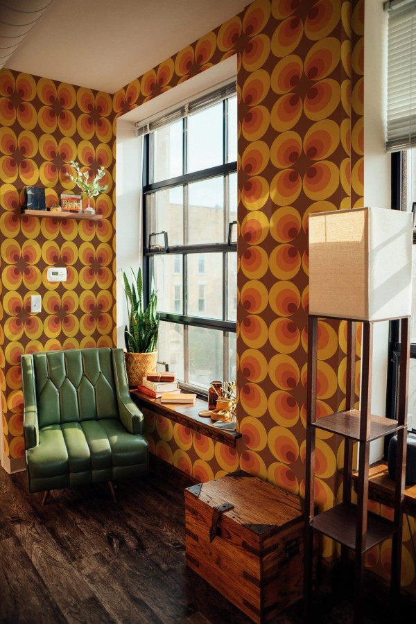 Mid-century style living room decorated with Retro 70s circle peel and stick wallpaper