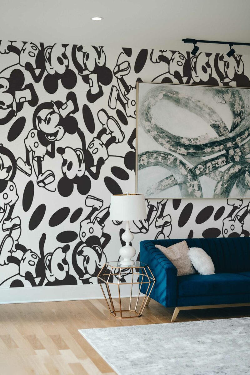 Animated Mouse peel and stick or non-pasted wall mural. Removable novelty cartoon mouse mural in black and white for nursery or accent wall.