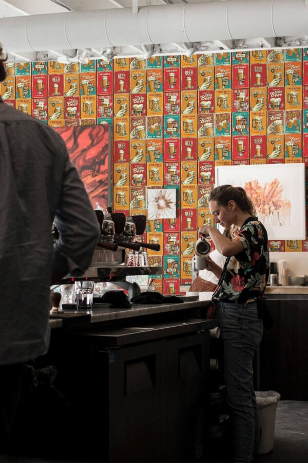 Industrial farmhouse style coffee bar decorated with Retro bar peel and stick wallpaper