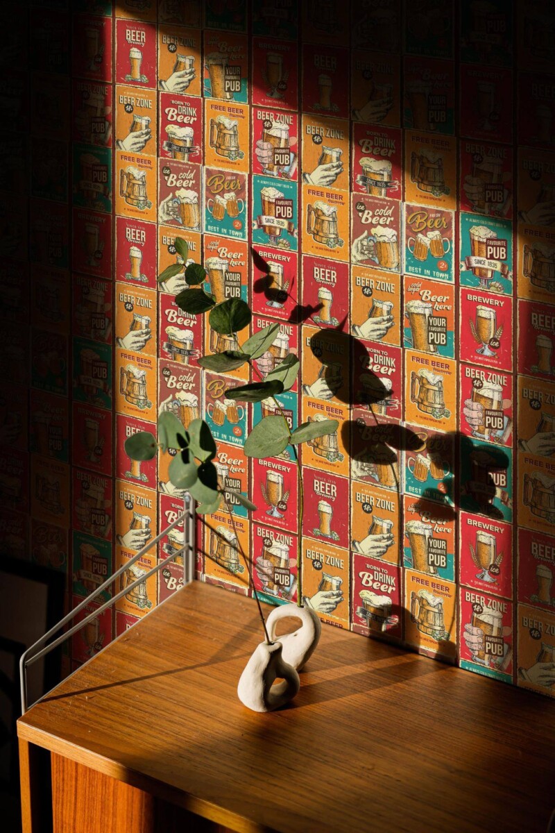 Mid-century style living room decorated with Retro bar peel and stick wallpaper