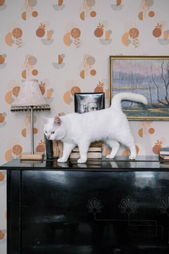 Industrial style music room decorated with Retro boho peel and stick wallpaper