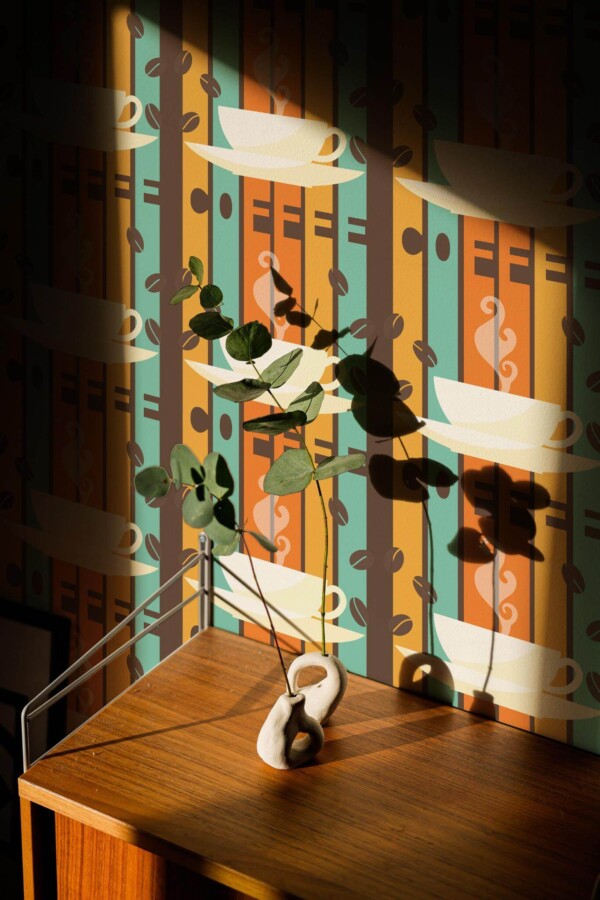 Mid-century style living room decorated with Retro cafe peel and stick wallpaper