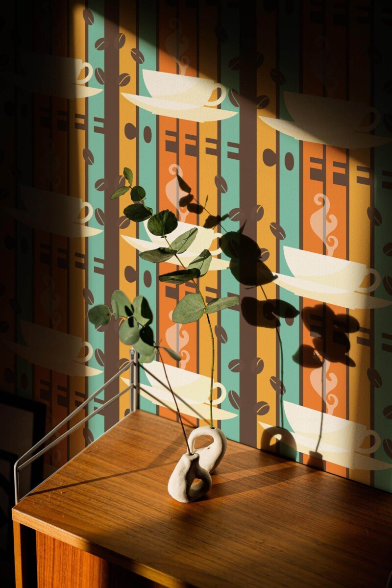 Mid-century style living room decorated with Retro cafe peel and stick wallpaper