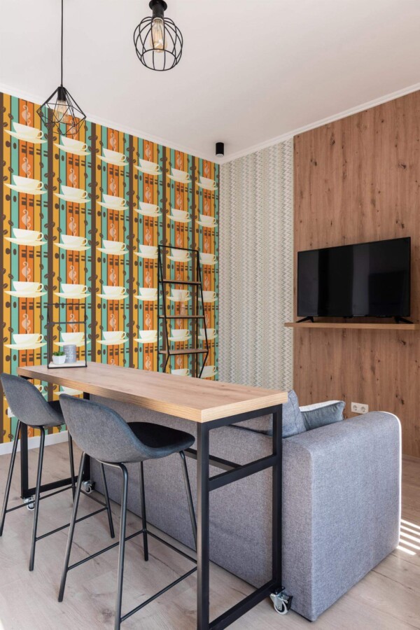 Scandinavian style open living room decorated with Retro cafe peel and stick wallpaper