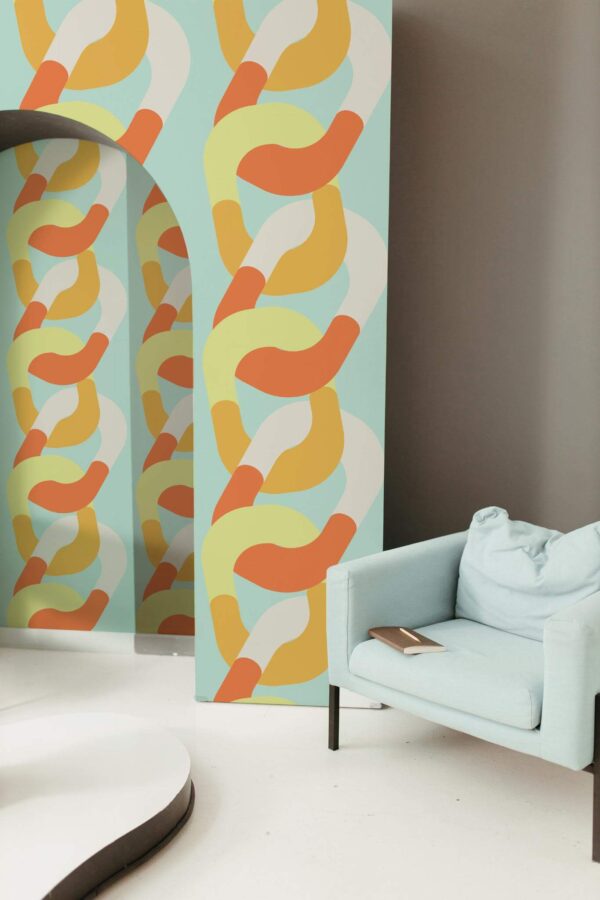 Mondern boho style living room decorated with Retro chain peel and stick wallpaper