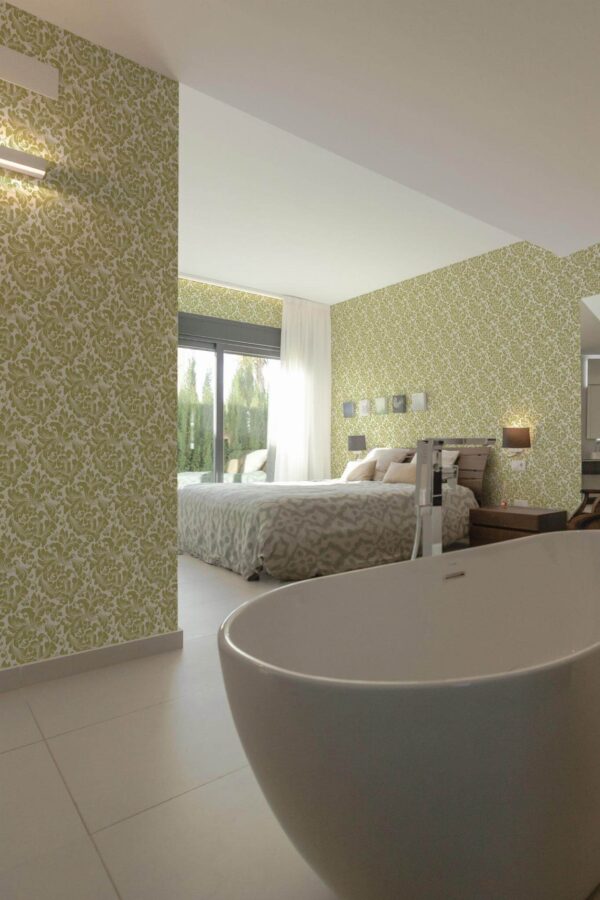 Modern style bedroom with open bathroom decorated with Retro damask peel and stick wallpaper