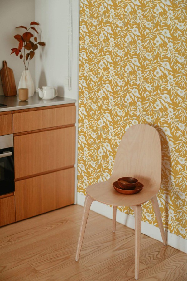 Boho style kitchen decorated with Retro floral peel and stick wallpaper