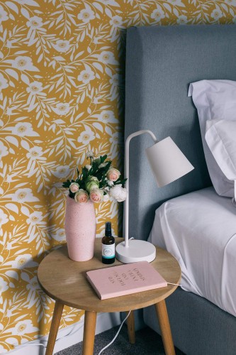 Rustic style bedroom decorated with Retro floral peel and stick wallpaper