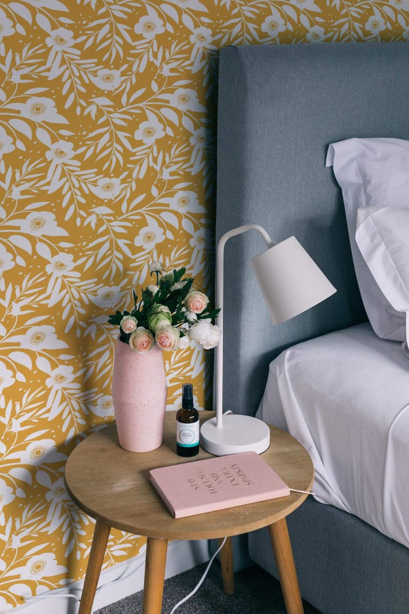 Rustic style bedroom decorated with Retro floral peel and stick wallpaper