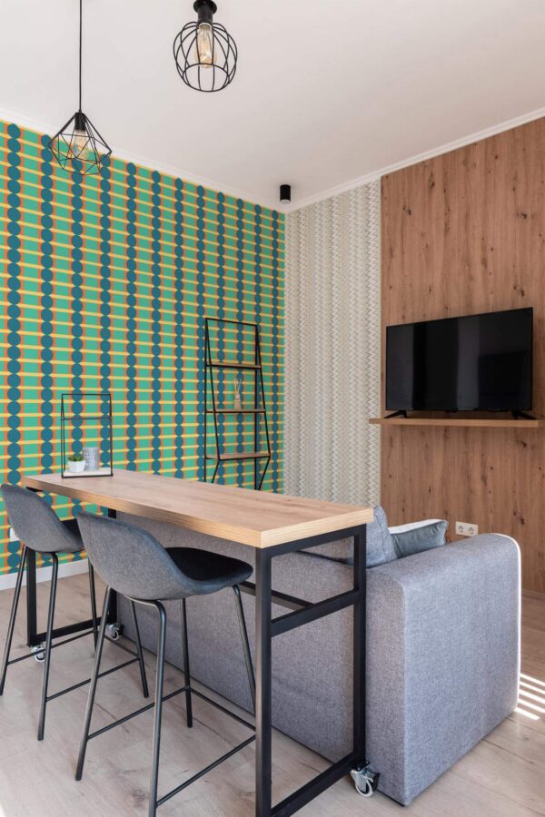 Scandinavian style open living room decorated with Retro geometry peel and stick wallpaper