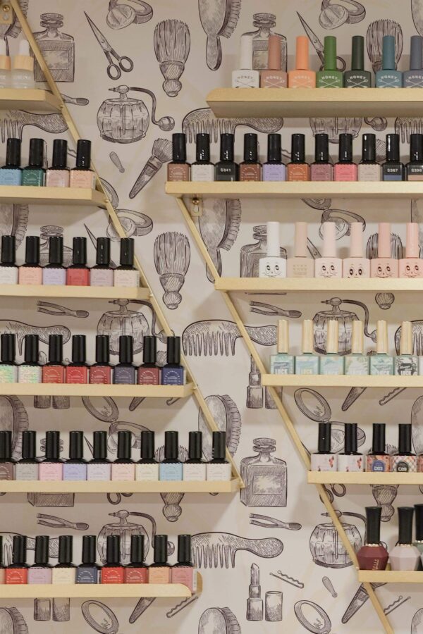 Scandinavian style beauty salon decorated with Retro hairdresser peel and stick wallpaper