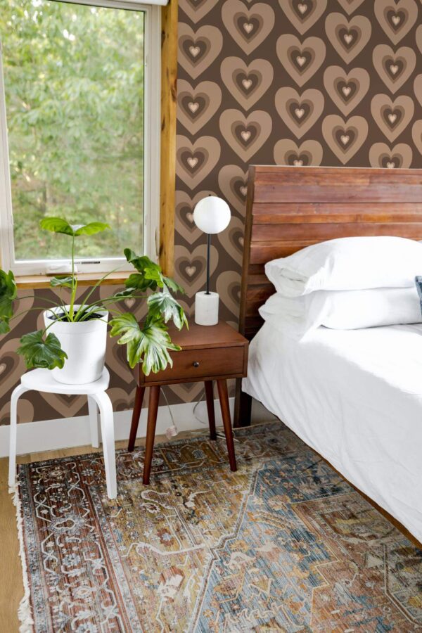 Rustic style bedroom decorated with Retro hearts peel and stick wallpaper