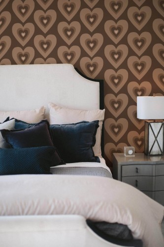 Shabby chic style bedroom decorated with Retro hearts peel and stick wallpaper