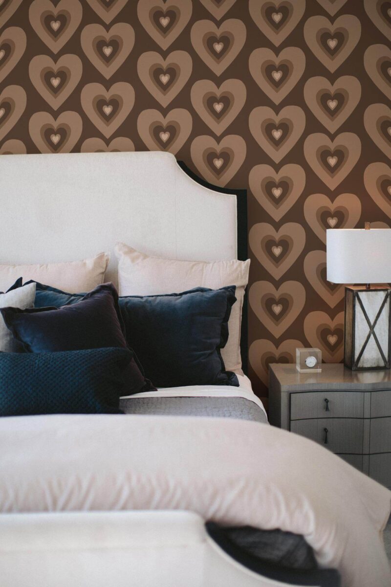 Shabby chic style bedroom decorated with Retro hearts peel and stick wallpaper