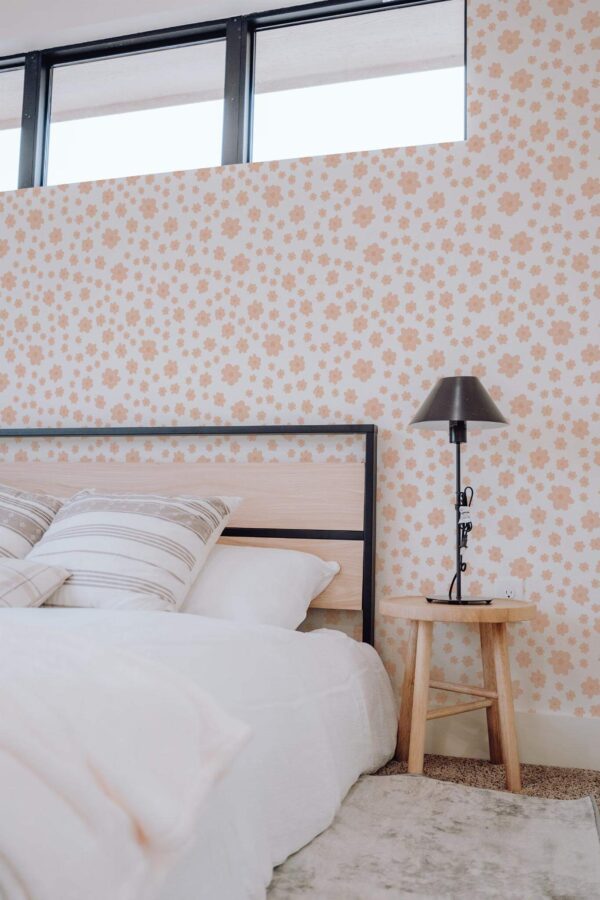 Scandinavian style bedroom decorated with Retro orange floral peel and stick wallpaper