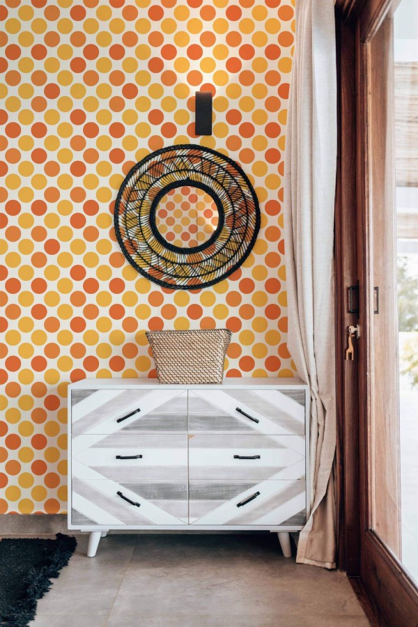 Modern farmhouse style living room decorated with Retro Polka dot peel and stick wallpaper