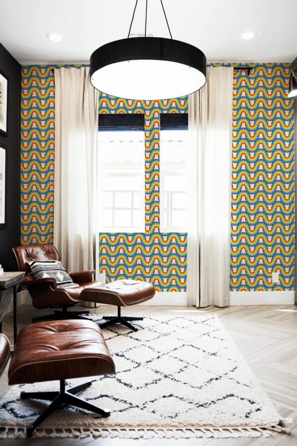MId-century modern style living room decorated with Retro rainbow waves peel and stick wallpaper