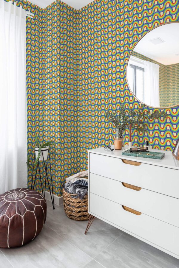 Scandinavian style bedroom decorated with Retro rainbow waves peel and stick wallpaper and Mediterranean accents