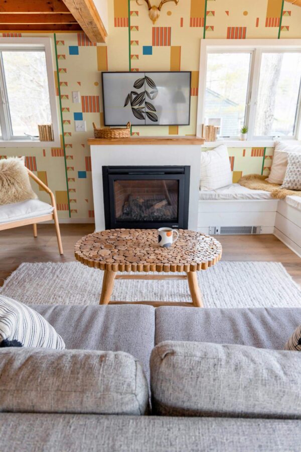 Farmhouse boho style living room decorated with Retro shapes peel and stick wallpaper