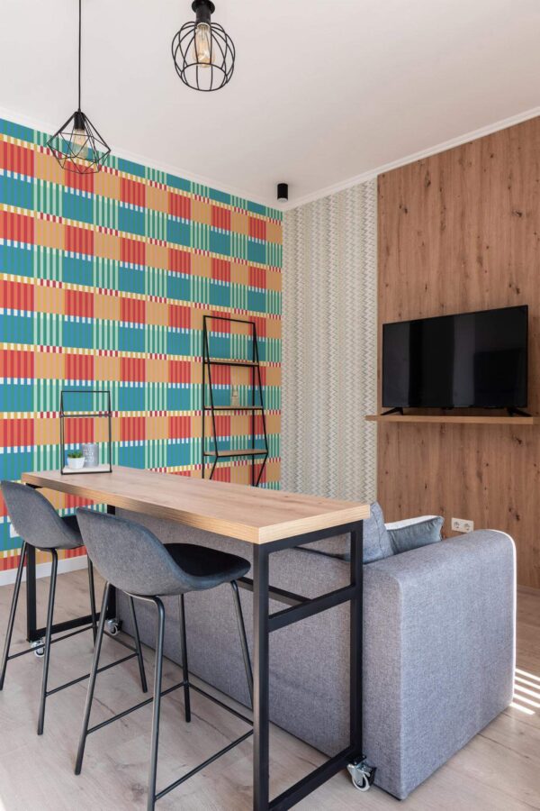 Scandinavian style open living room decorated with Retro stripes peel and stick wallpaper