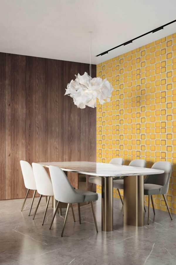 Luxury modern style home office with marble table decorated with Retro yellow peel and stick wallpaper