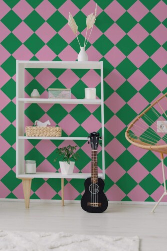 Minimal boho style living room decorated with Rhombus peel and stick wallpaper