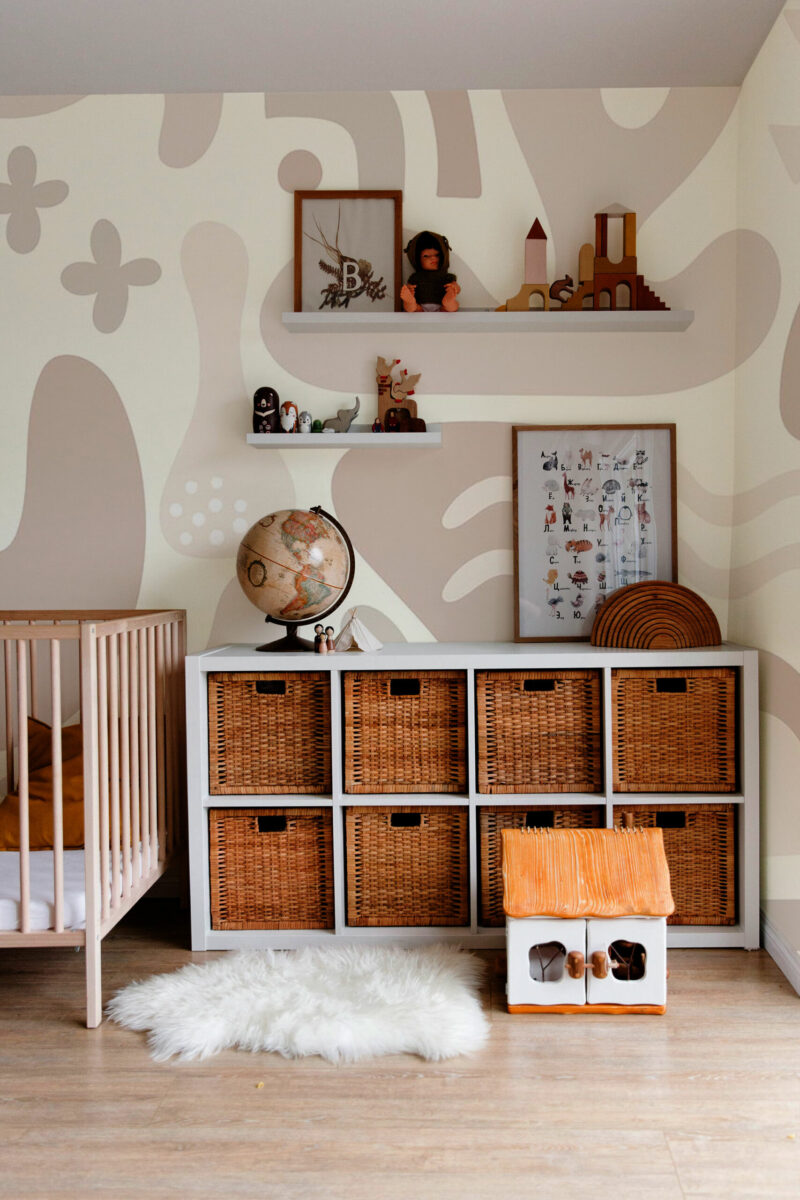 Neutral Nursery peel and stick or non-pasted wall mural. Fancy Walls abstract beige shapes removable self-adhesive or traditional PVC-free and eco-friendly nursery mural for walls